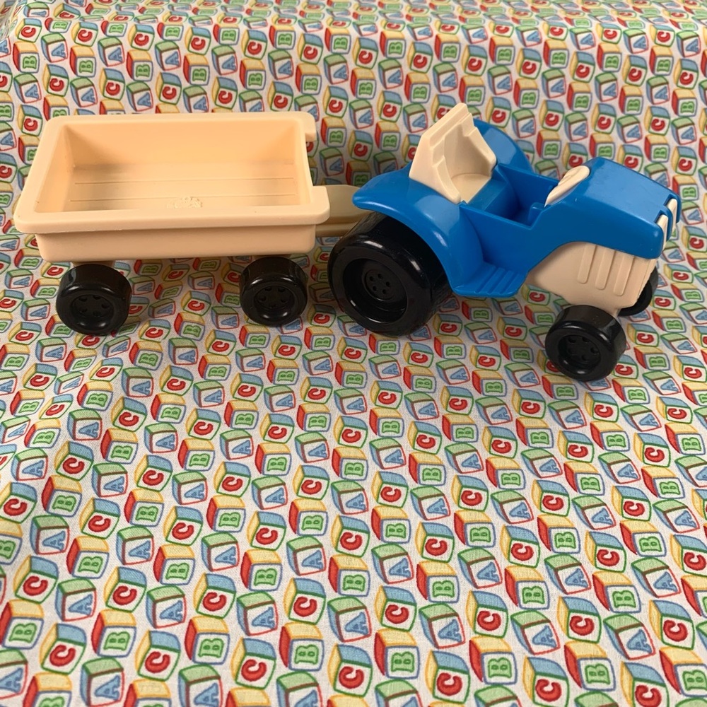 Vintage Toys R Us Geoffrey Blue and Cream Toy Tractor with Trailer